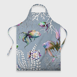 Фартук Разноцветные акварельные рыбки и белые водоросли