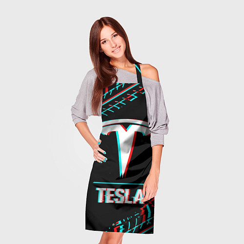 Фартук Значок Tesla в стиле Glitch на темном фоне / 3D-принт – фото 3