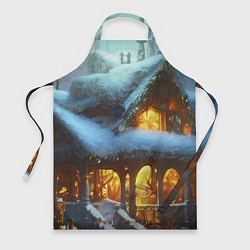 Фартук кулинарный Новогодний коттедж с гирляндами в заснеженном лесу, цвет: 3D-принт