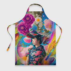Фартук кулинарный Девочка с птицами среди цветов - мскусство, цвет: 3D-принт