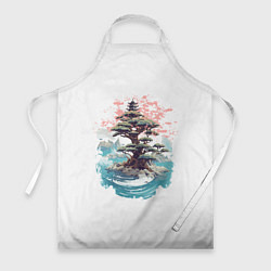 Фартук кулинарный Японское дерево и пагода в море, цвет: 3D-принт