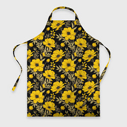 Фартук кулинарный Желтые цветы на черном фоне паттерн, цвет: 3D-принт