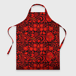 Фартук кулинарный Хохломская роспись красные цветы и ягоды на чёрном, цвет: 3D-принт