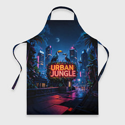 Фартук кулинарный Городские здания зеленые растения и попугаи, цвет: 3D-принт