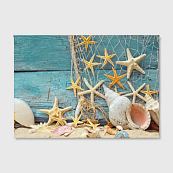 Холст прямоугольный Натюрморт из сети, морских звёзд и ракушек - лето, цвет: 3D-принт — фото 2