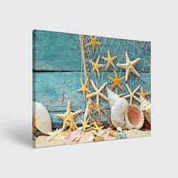 Холст прямоугольный Натюрморт из сети, морских звёзд и ракушек - лето, цвет: 3D-принт
