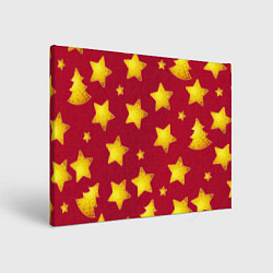 Холст прямоугольный Золотые звезды и елки на красном, цвет: 3D-принт