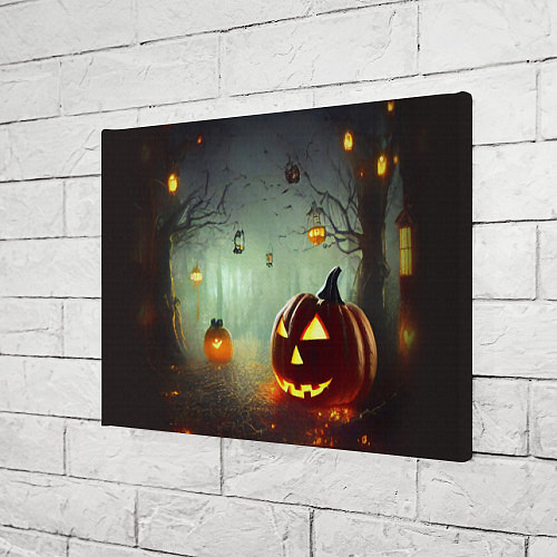 Картина прямоугольная Тыква на Хэллоуин в ночном туманном лесу / 3D-принт – фото 3