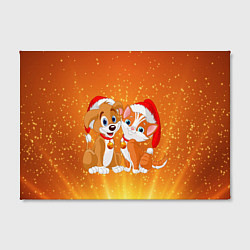 Холст прямоугольный Котенок и щенок в новогодних шапочках, цвет: 3D-принт — фото 2