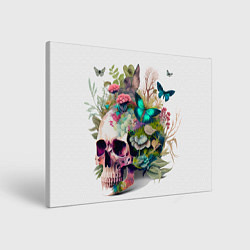 Холст прямоугольный Красивый череп с листьями и бабочками, цвет: 3D-принт
