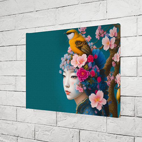 Картина прямоугольная Японка с птицей на фоне цветущей сакуры / 3D-принт – фото 3