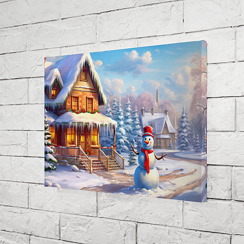 Картина прямоугольная Новогодняя деревня и снеговик / 3D-принт – фото 3