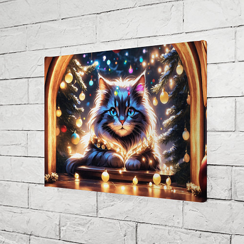 Картина прямоугольная Кот с гирляндой среди новогодних украшений / 3D-принт – фото 3
