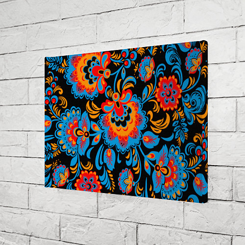 Картина прямоугольная Хохломская роспись разноцветные цветы на чёроном ф / 3D-принт – фото 3