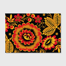 Холст прямоугольный Хохломская роспись красно-жёлтые цветы на чёрном ф, цвет: 3D-принт — фото 2