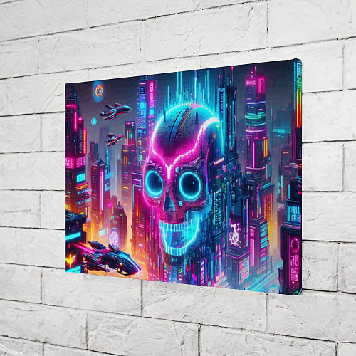 Картина прямоугольная Neon skull in metropolis - future / 3D-принт – фото 3