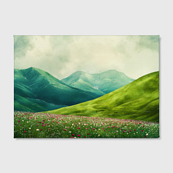 Холст прямоугольный Горы и поле с цветами - зеленый пейзаж, цвет: 3D-принт — фото 2
