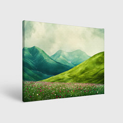 Холст прямоугольный Горы и поле с цветами - зеленый пейзаж, цвет: 3D-принт