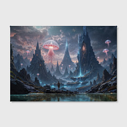 Холст прямоугольный Фантастический мир с медузами и озеро у гор, цвет: 3D-принт — фото 2