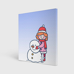 Холст квадратный Девочка лепит снеговика, цвет: 3D-принт