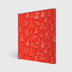 Холст квадратный Контур из белых елочек на красном фоне с синим сне, цвет: 3D-принт
