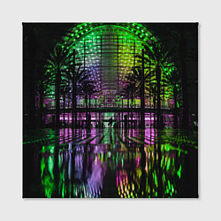 Холст квадратный Неоновое здание ночью - Зелёный, цвет: 3D-принт — фото 2