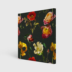 Холст квадратный Цветы Нарисованные Красные Розы и Лилии На Коричне, цвет: 3D-принт