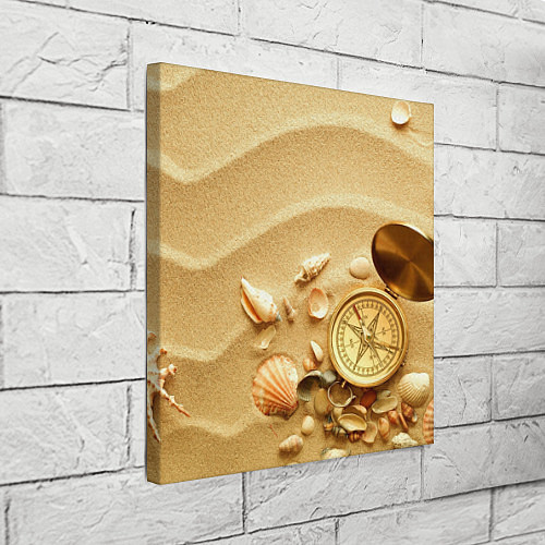 Картина квадратная Композиция из ракушек и компаса на песке / 3D-принт – фото 3