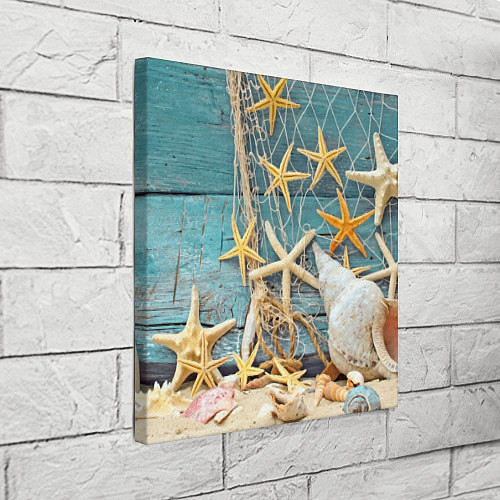 Картина квадратная Натюрморт из сети, морских звёзд и ракушек - лето / 3D-принт – фото 3