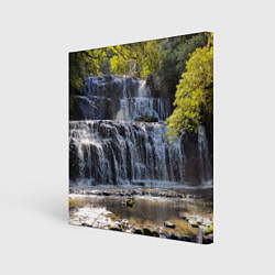 Холст квадратный Водопад, солнечные лучи и лес, цвет: 3D-принт