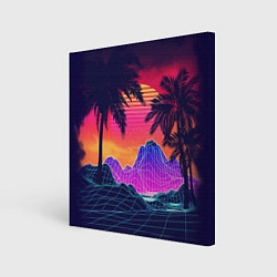 Холст квадратный Тропический остров с пальмами ретро иллюстрация, цвет: 3D-принт