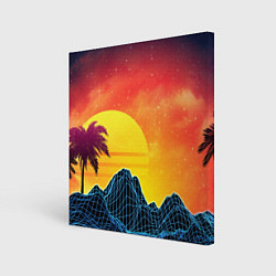 Холст квадратный Тропический остров на закате ретро иллюстрация, цвет: 3D-принт