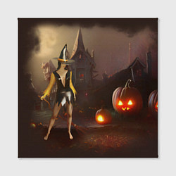 Холст квадратный Ведьма с метлой и тремя тыквами возле старого дома, цвет: 3D-принт — фото 2