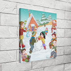 Холст квадратный Новогодние каникулы - дети лепят снеговика, цвет: 3D-принт — фото 2