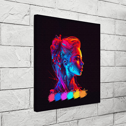 Картина квадратная Нейросеть - девушка киборг в неоновом свечении / 3D-принт – фото 3