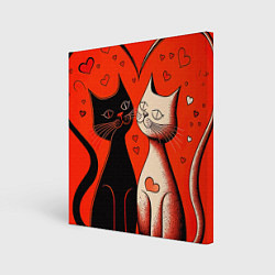 Холст квадратный Влюблённые кошки на красном фоне, цвет: 3D-принт