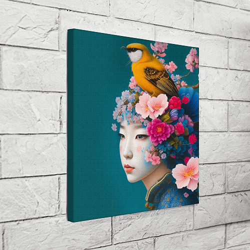 Картина квадратная Японка с птицей на фоне цветущей сакуры / 3D-принт – фото 3