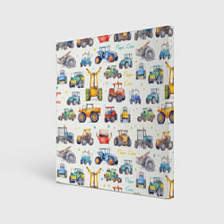 Холст квадратный Акварельные тракторы - детский паттерн, цвет: 3D-принт