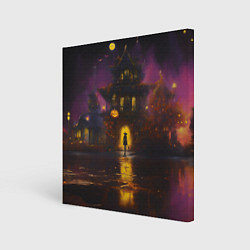 Холст квадратный Жуткий дом и ведьма с метлой, цвет: 3D-принт