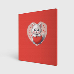 Холст квадратный Мультяшный котенок держит красное сердечко, цвет: 3D-принт