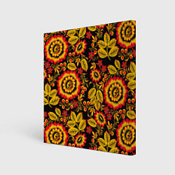 Холст квадратный Хохломская роспись золотистые листья и цветы чёрно, цвет: 3D-принт