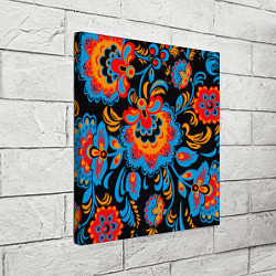 Холст квадратный Хохломская роспись разноцветные цветы на чёроном ф, цвет: 3D-принт — фото 2