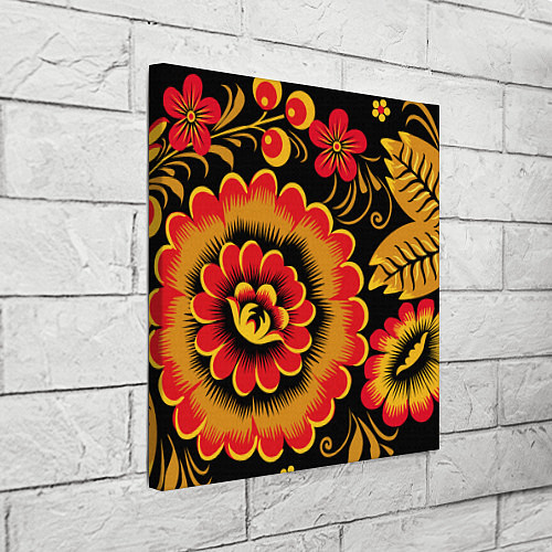 Картина квадратная Хохломская роспись красно-жёлтые цветы на чёрном ф / 3D-принт – фото 3