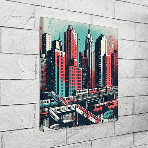Картина квадратная Силуэты небоскребов в брызгах красной и голубой кр / 3D-принт – фото 3