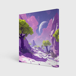 Холст квадратный Фиолетовые горы зеленые деревья и космос, цвет: 3D-принт
