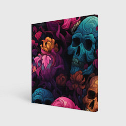 Холст квадратный Яркие цветы с черепами, цвет: 3D-принт