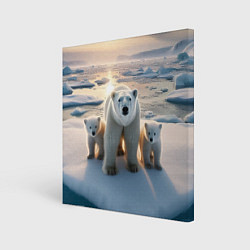 Холст квадратный Polar bear with her cubs - ai art, цвет: 3D-принт