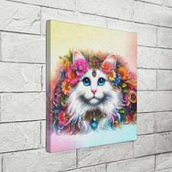 Холст квадратный Белый кот с голубыми глазами в цветах, цвет: 3D-принт — фото 2