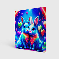 Холст квадратный Неоновые зайчики - любовь сердечки, цвет: 3D-принт