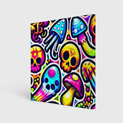 Холст квадратный Композиция из черепов и грибов - нейроарт, цвет: 3D-принт
